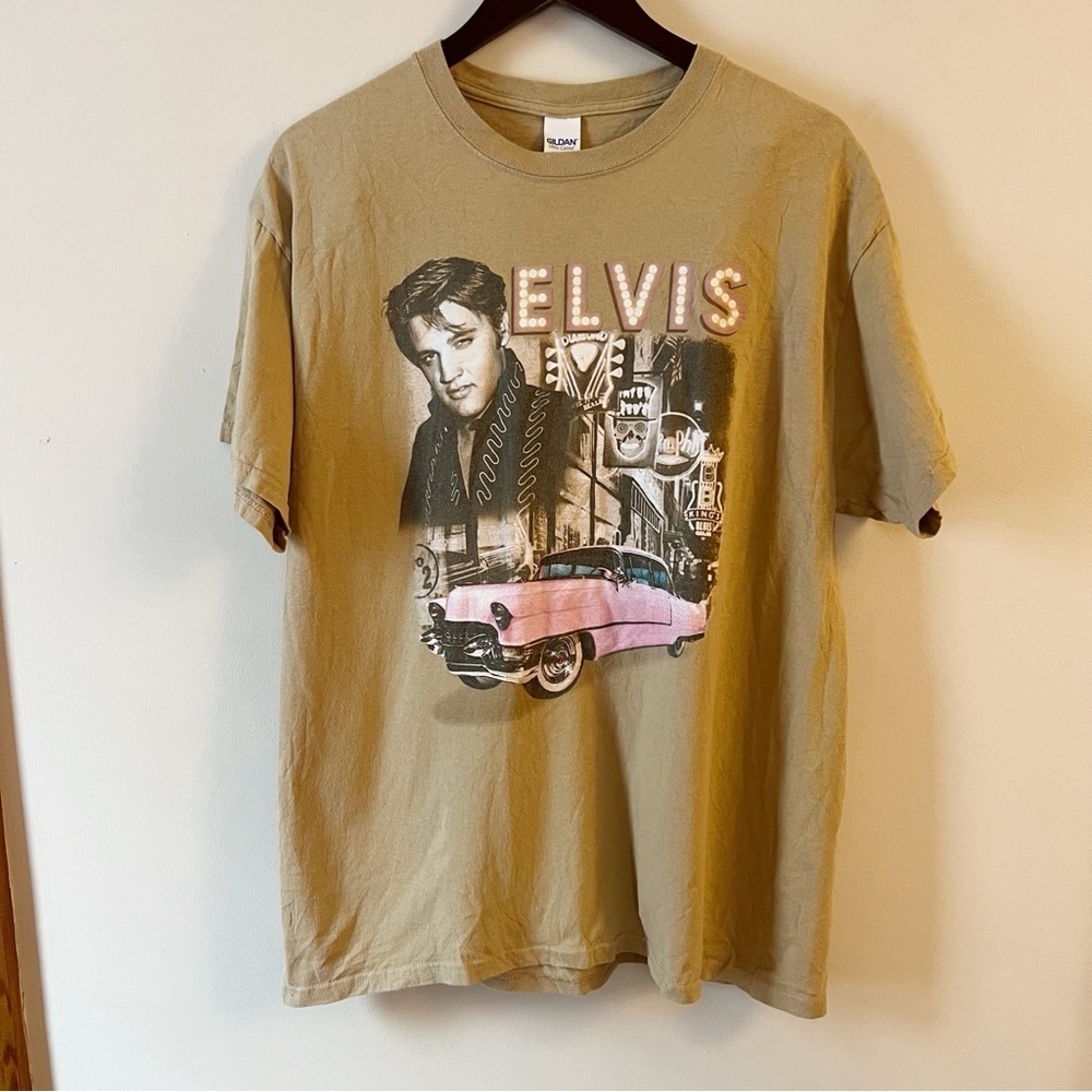 Elvis Beige Graphic Short Sleeve T-Shirt Size Large Logo Front Cotton Tee